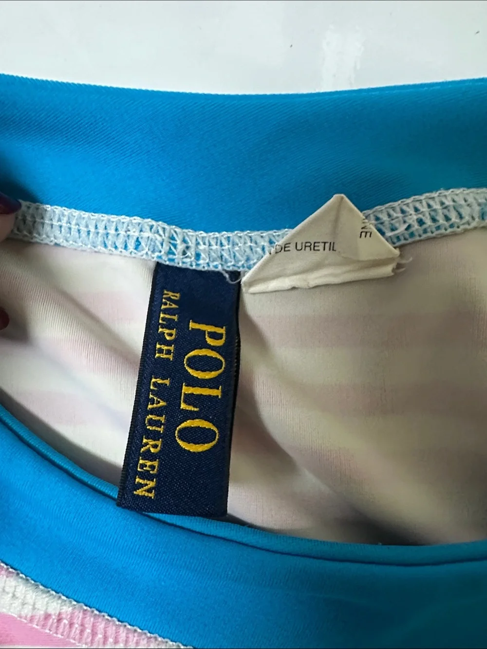 Ralph Lauren Pink & White Striped Rash Guard with Blue Sleeves